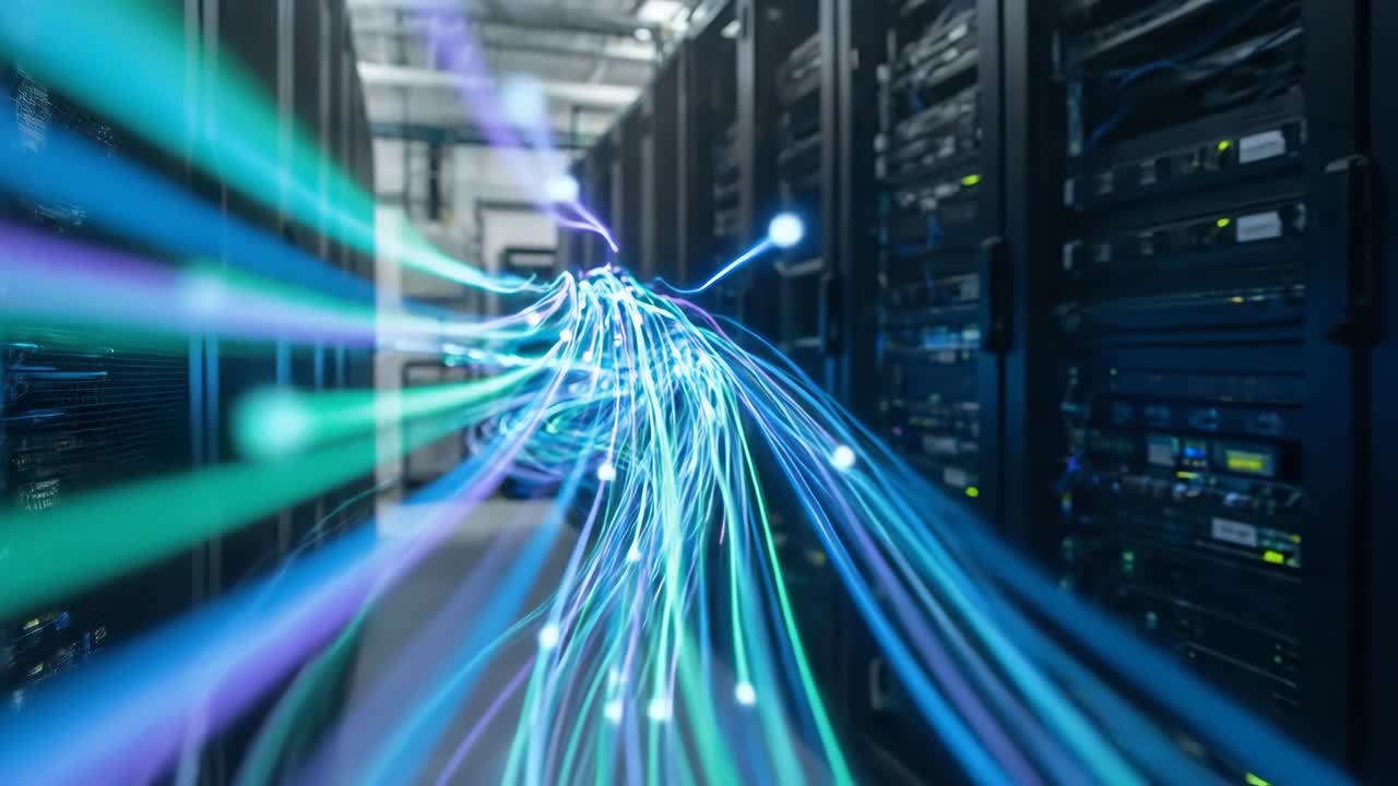 Fiber Optic Data Flow in a High-Tech Data Center