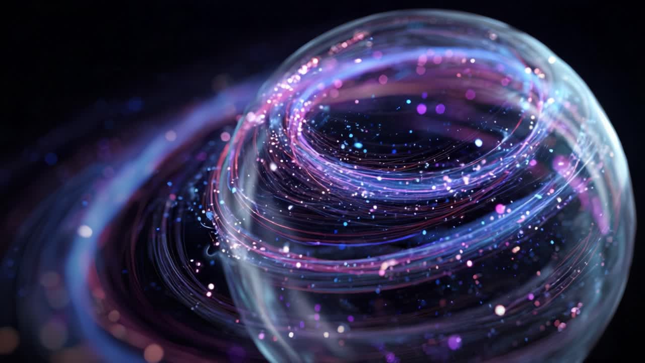 Abstract crystal sphere showing glowing purple and blue light trails with sparkling particles orbiting inside and outside a transparent globe, representing a futuristic concept of energy flow