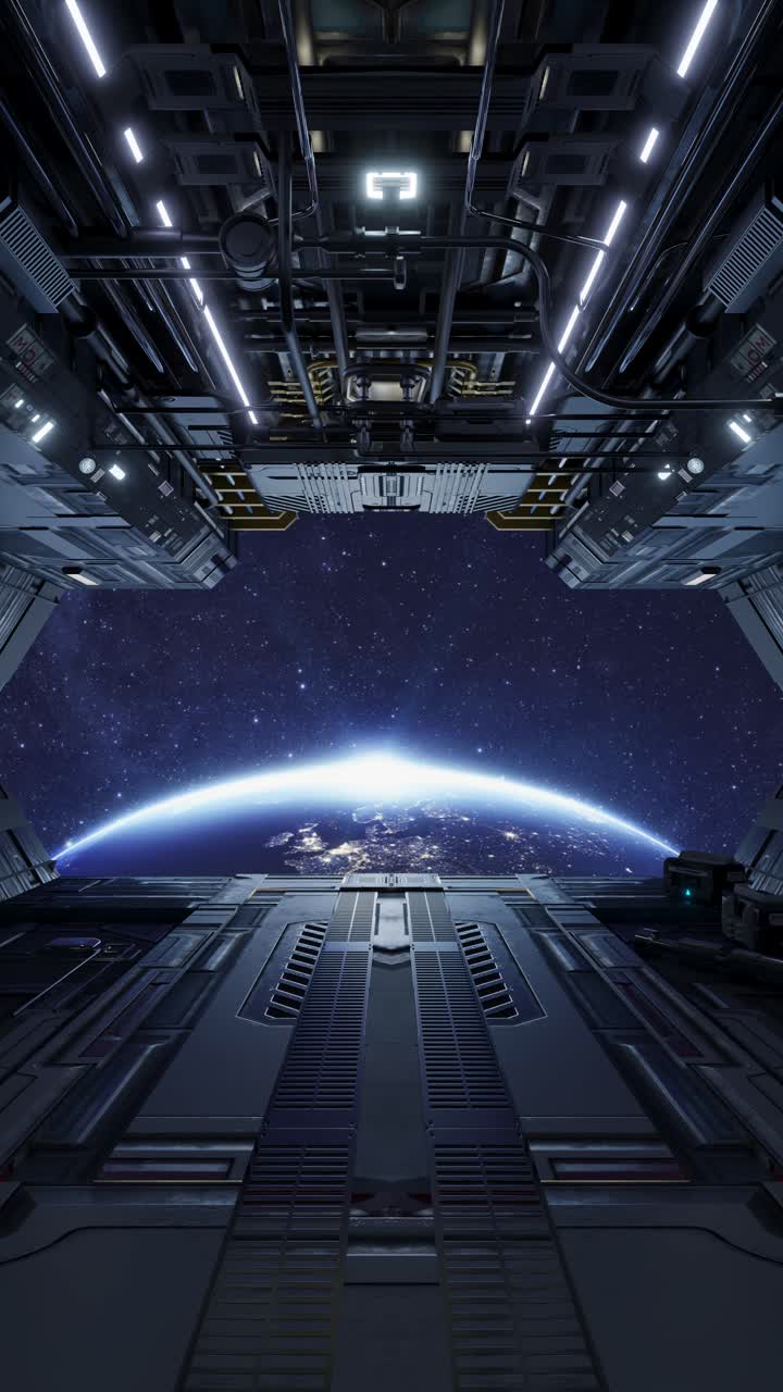 Spaceship approaching earth, sunrise view from inside