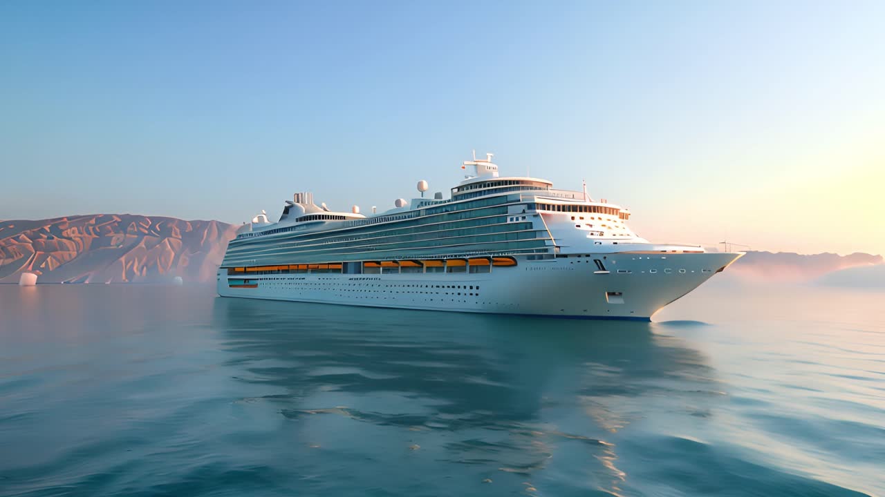 Luxurious Cruise Ship Sailing on Calm Waters with Mountain Landscape at Sunset