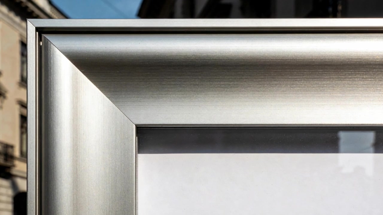 Angolo di cornice in metallo spazzolato che si sposta sotto la luce del sole in una strada urbana, con riflesso di vetro.