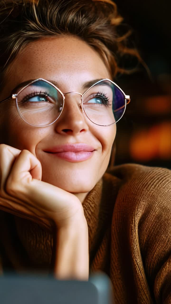 Una mujer contemplativa con gafas, sonriendo y absorta en sus pensamientos, irradia calidez y encanto, capturando un momento de reflexión y alegría en un acogedor entorno interior.