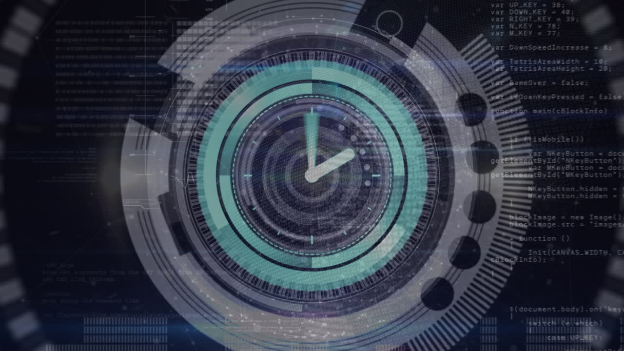 Animation of scope scanning with clock over data processing on black background