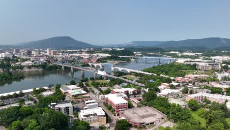 aerial drone journey over chattanooga riverfront, tennessee