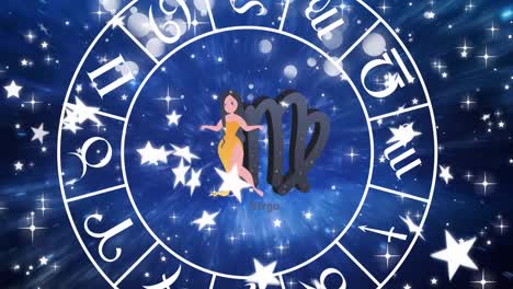 animation of spinning star sign wheel with virgo sign and stars