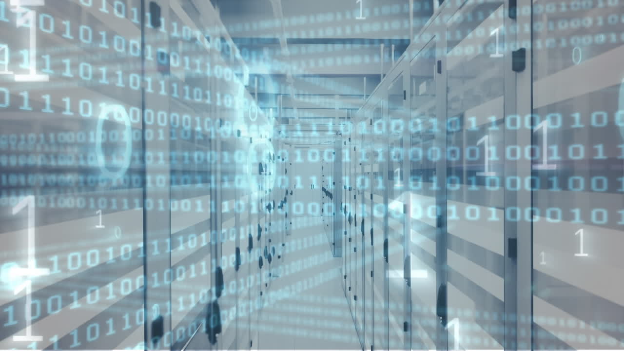 animación de codificación binaria y procesamiento de datos a través de servidores informáticos