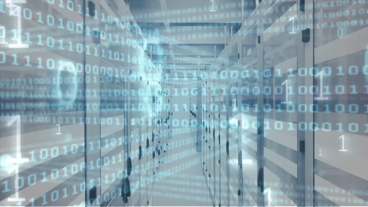 Animation of binary coding and data processing over computer servers