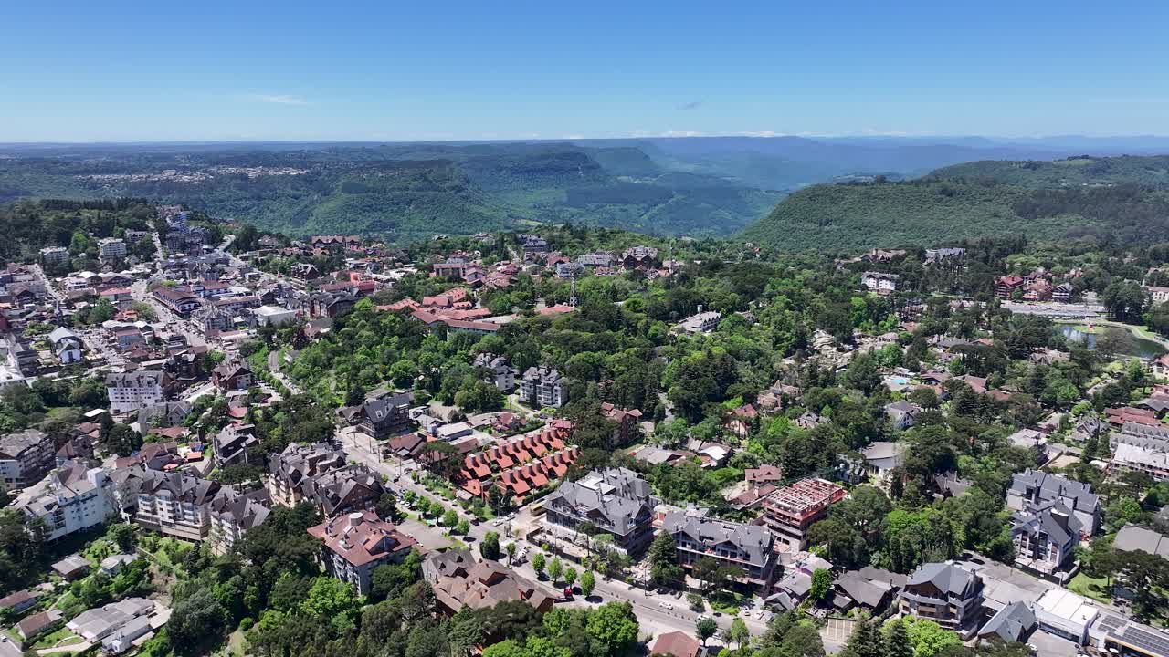 Aerial View of a City in a Valley Surrounded by Mountains