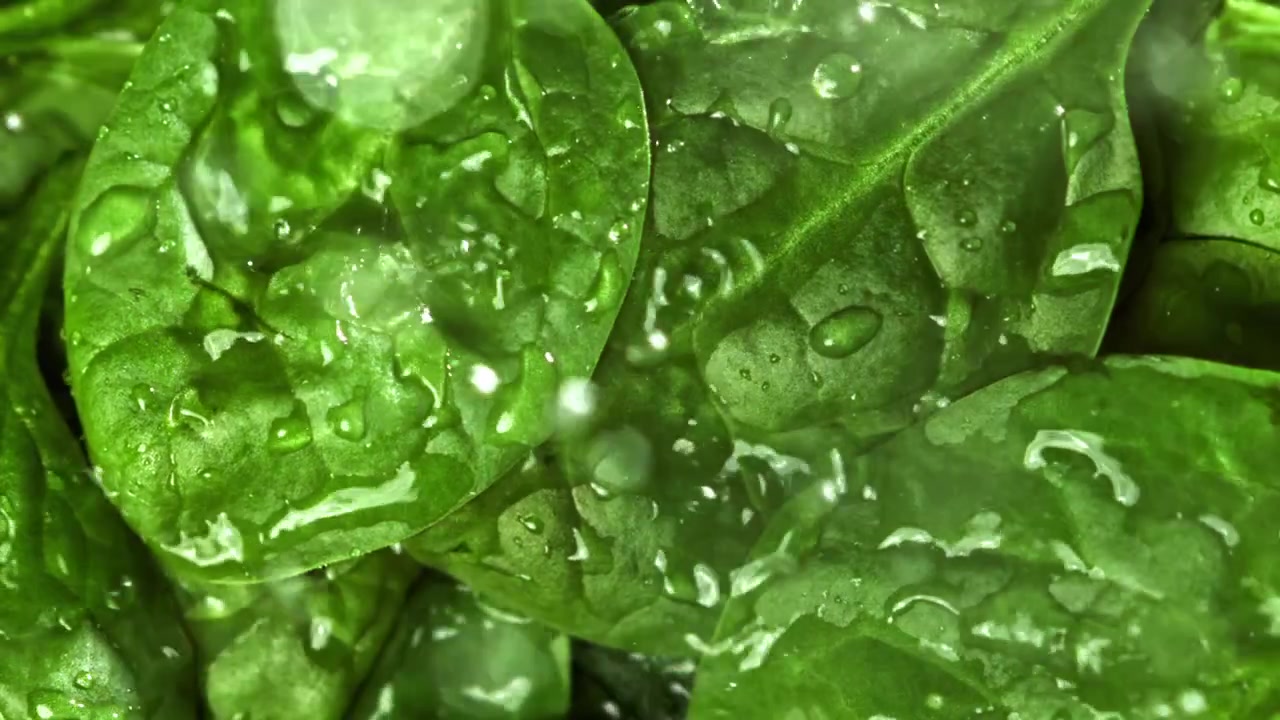 Schizzi d'acqua su foglie di spinaci verdi freschi al rallentatore