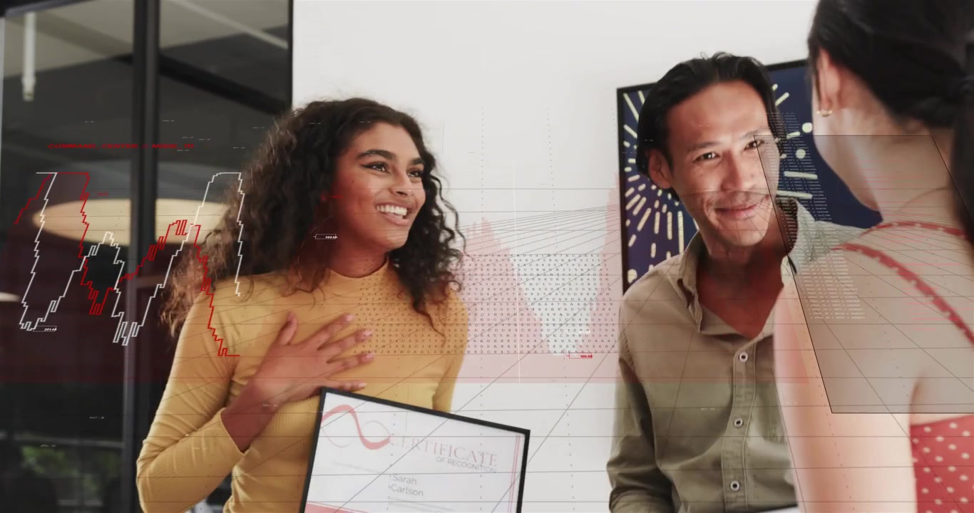 Woman handing plaque to man in office for award, team cheering, animated charts around team