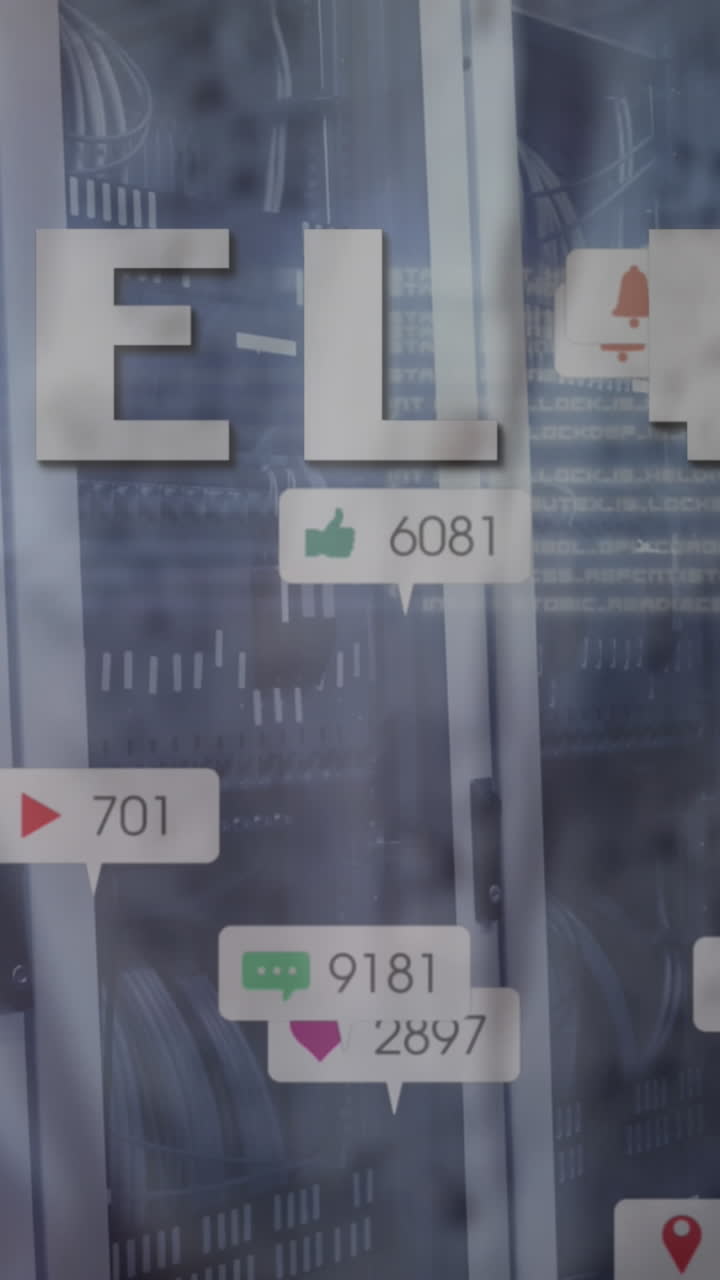 animación de texto de nivel y iconos de medios sobre una mujer biracial que usa una tableta