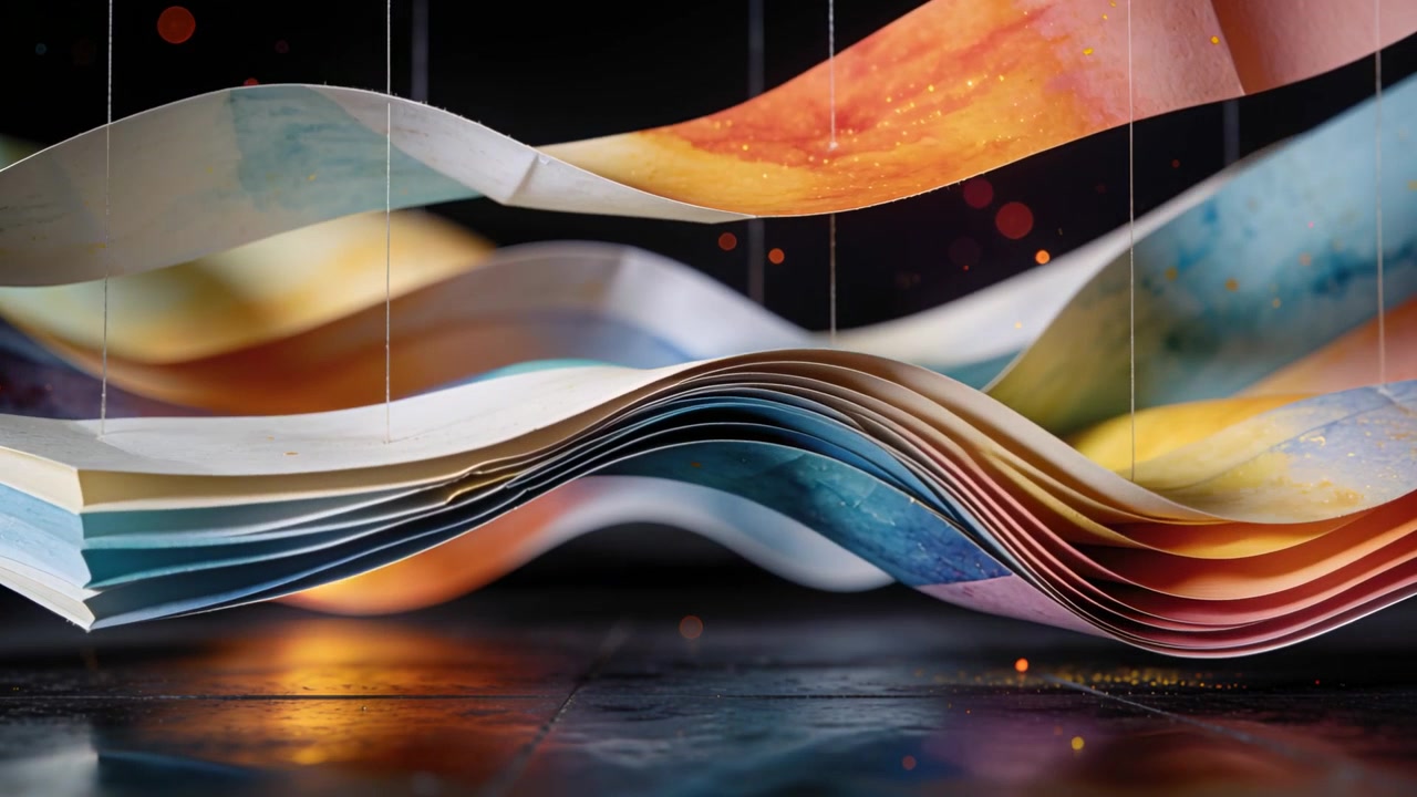Frame sequence starting painted paper stack undulating in studio, showing colors, reflecting light