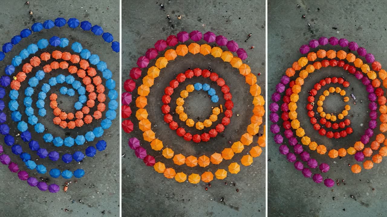 Aerial View of Colorful Umbrella Spiral Arrangement on Ground: Vibrant Patterns in Blue, Orange, Red, and Purple Creating Visual Harmony
