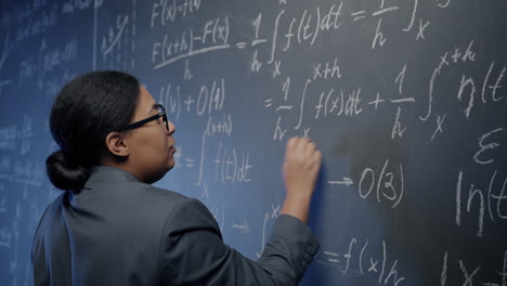 woman writing equations on a blackboard