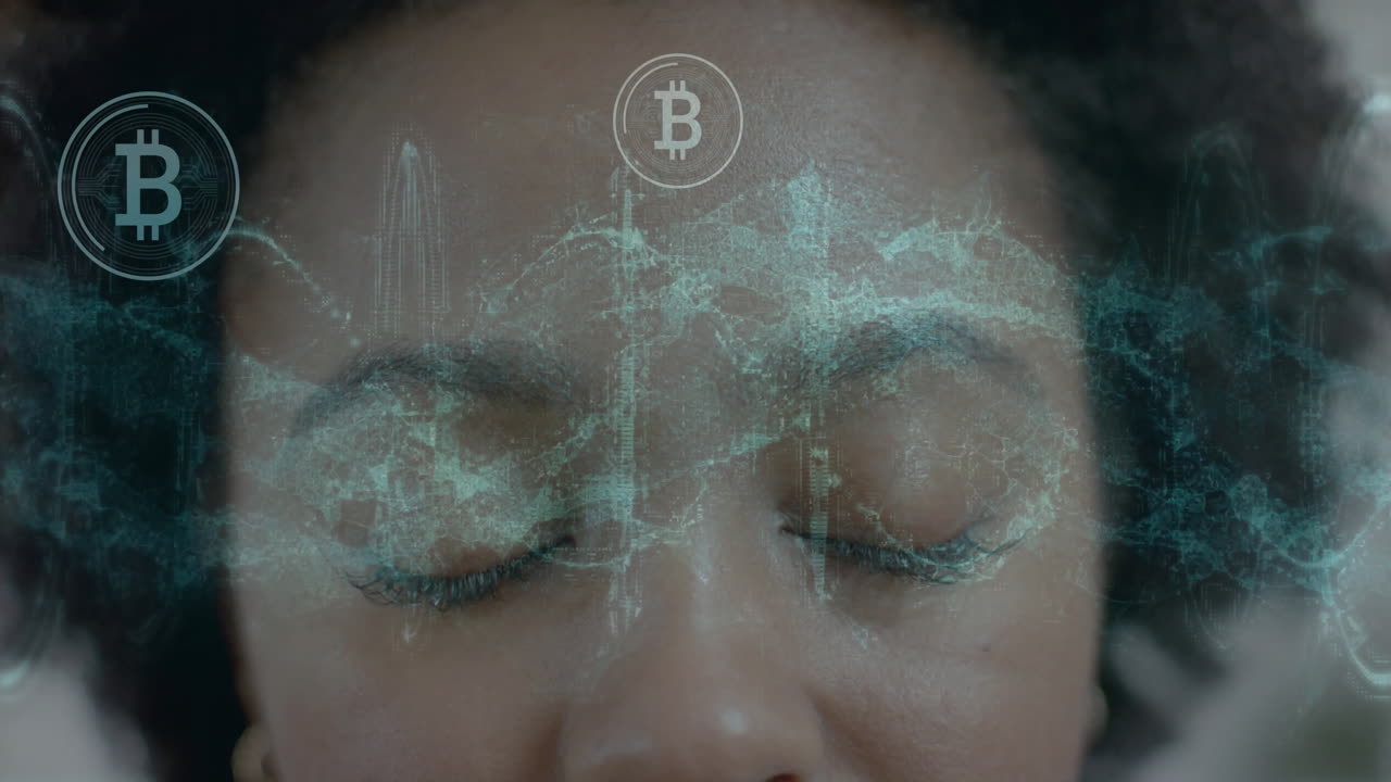 Bitcoin symbols and blockchain network animation over person with closed eyes