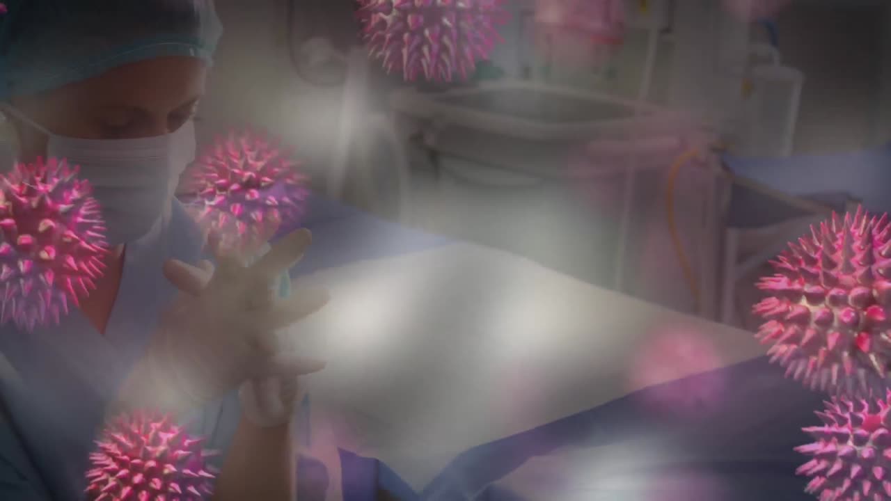 Animation of spreading coronavirus covid19 with healthcare worker in background