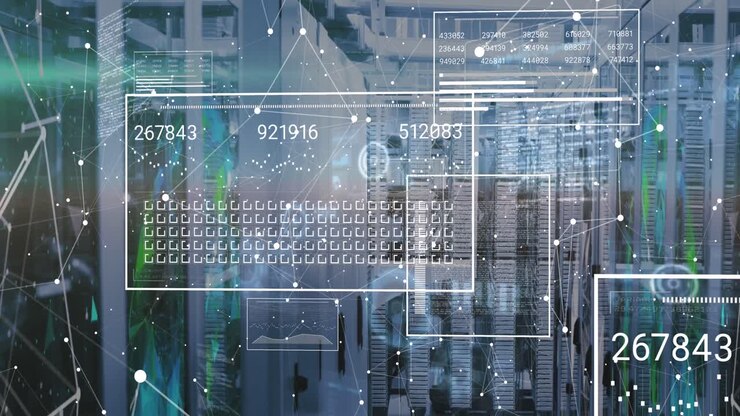 Animation of interface with data processing and network of connections against computer server room