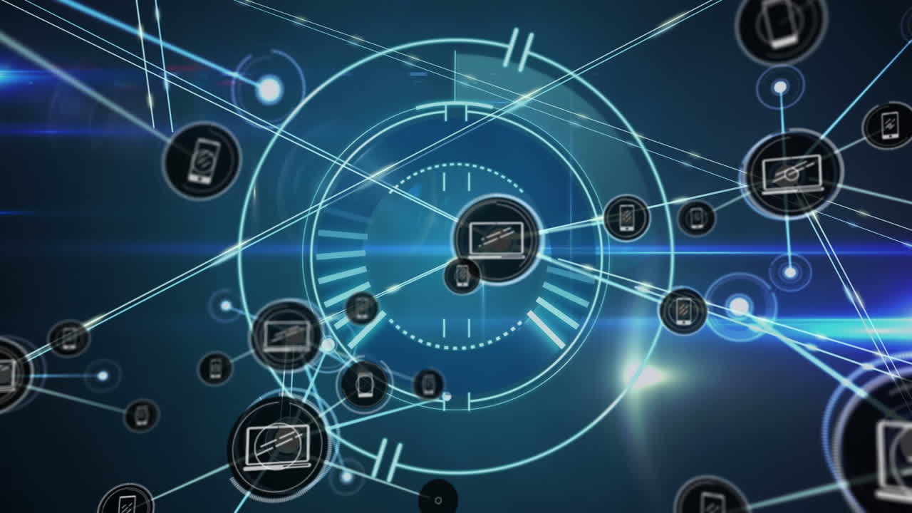 Animation of network of digital icons over round scanner and light trails against blue background
