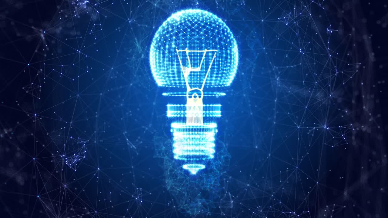 animazione di una lampadina che gira con una rete di connessioni su sfondo blu