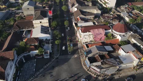 aerial view of downtown yogyakarta, you can see the icons of the yogyakarta monument, buildings, houses in the morning