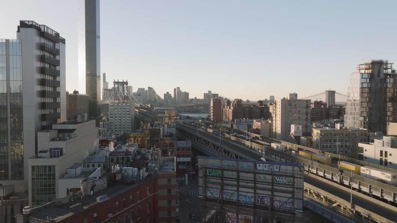 Aerial view of the Manhattan Bridge. Shot in Chinatown looking east towards Brooklyn