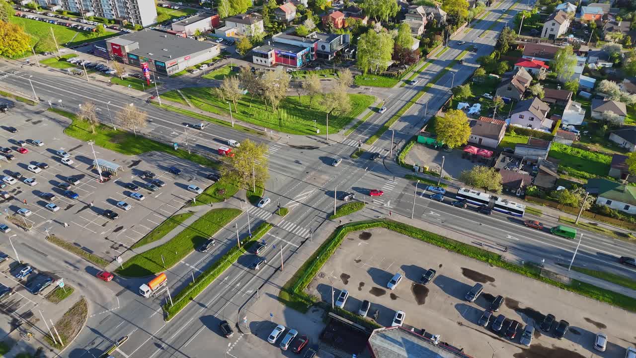 Aerial View Of A Four-Way Road Intersection In A Suburban Area Of Darzciems Neighborhood In Riga, Latvia.