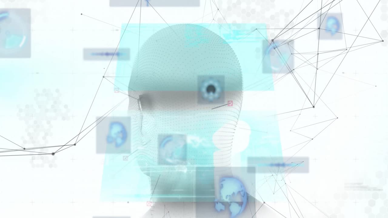 회전하는 인간 머리 모델에 대한 둥근 스캐너와 연결 네트워크의 애니메이션