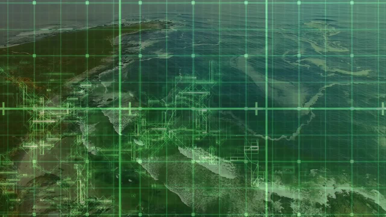 On detecting pulse, sat coastal map arming green grid, pulsing nodes aligning crosshair for mapping