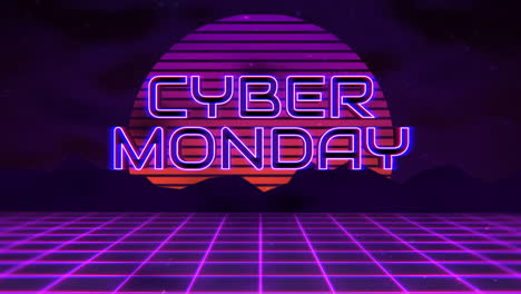 Cyber-Monday-with-big-moon-and-mountain-in-night-in-80s-style