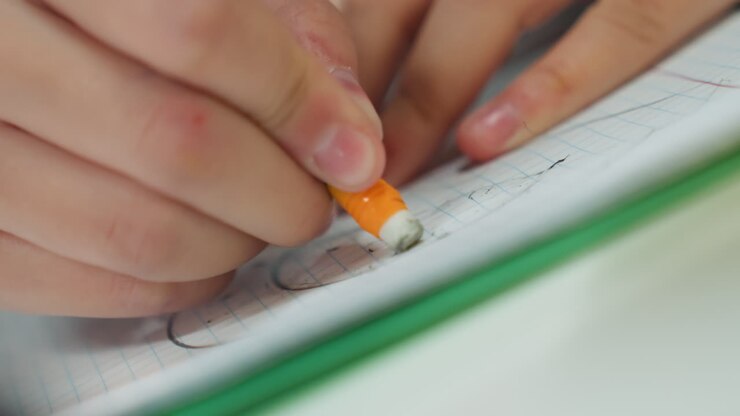 closeup hands erasing pencil marks on graph notebook, careful correction, fingernails visible, soft natural light, quiet study, math sketches, focused hand gestures, precise erasing motion, slight