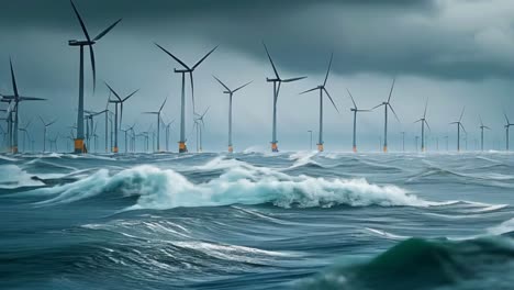 a large body of water with many wind turbines in the background, wind farm in ocean.