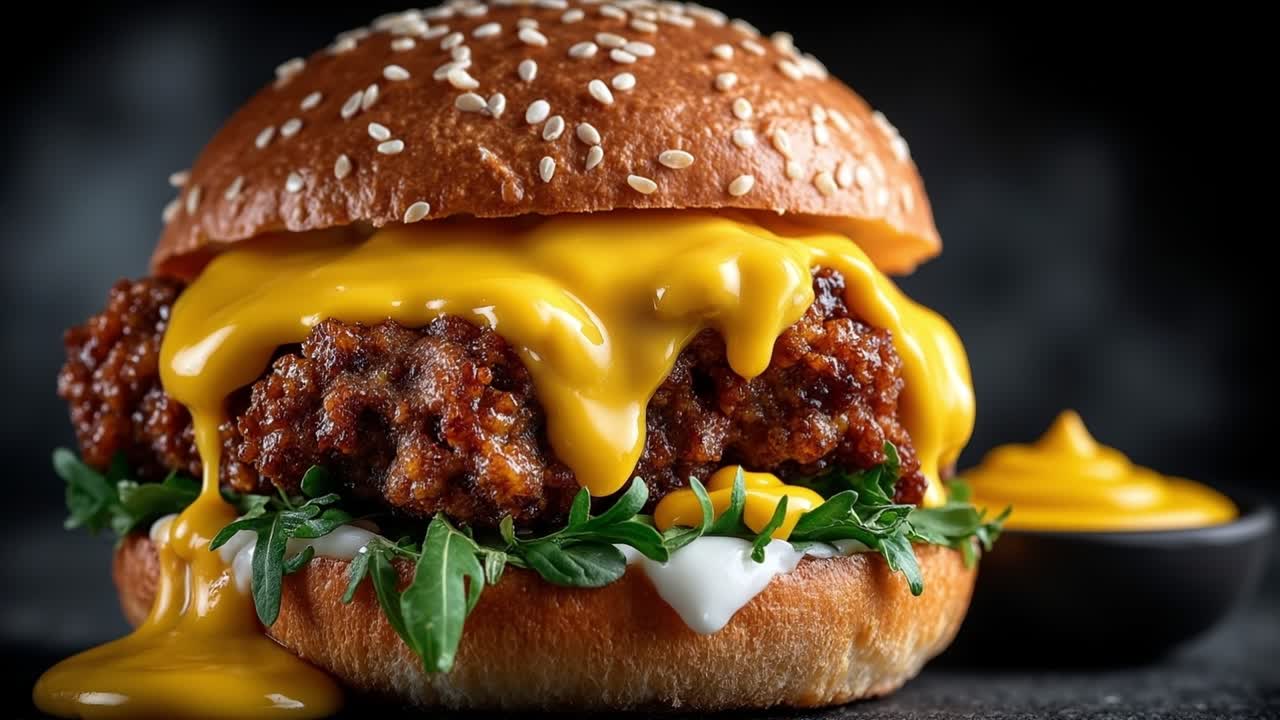 Saftiger Rindfleisch-Burger mit extra geschmolzener Käsesauce, die an den Seiten heruntertropft, auf einem Holzbrett.