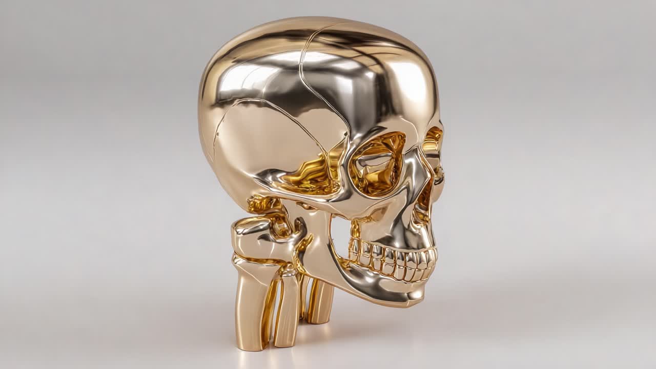En imponerende visuel transformation af en metallisk kraniummodel, der viser skinnende guld- og sølvdetaljer med et spændende designperspektiv på tværs af to frames
