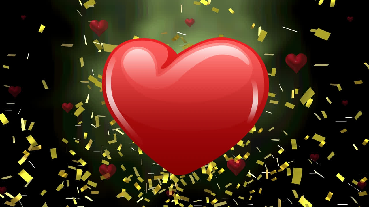 animación de corazones flotando sobre el confeti sobre fondo negro
