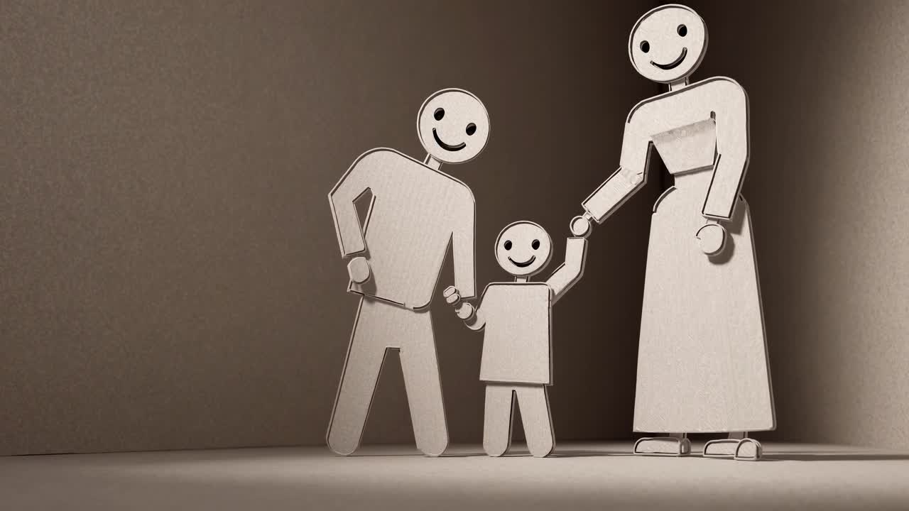 figuras de cartón de la familia de pie juntos, tomados de la mano y encarnando la unidad, el amor, los lazos familiares con calidez y conexión emocional en un fondo minimalista