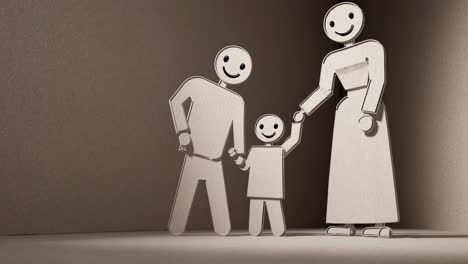 Family cardboard cutout figures standing together, holding hands and embodying unity, love, familial bonds with warmth and emotional connection on minimalist background