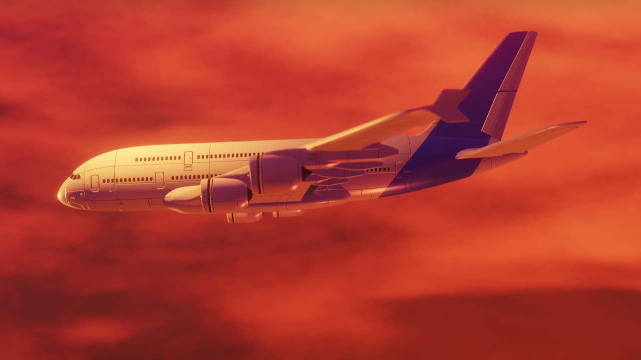 animación de un avión digital sobre el cielo con nubes