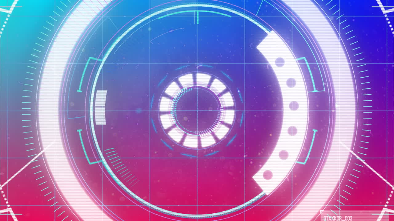 Animation of scope scanning and data processing over grid on glowing pink to blue background