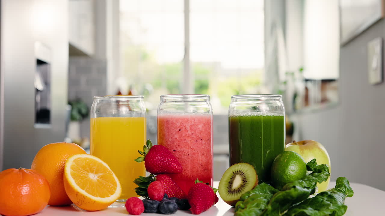 Tre bicchieri di succhi di frutta e frullati freschi con frutta e verdura