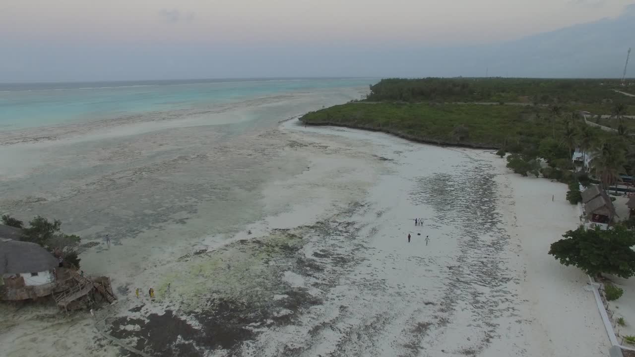Spiaggia bianca con alghe e La Roccia dall'alto a Zanzibar, Tanzania.
