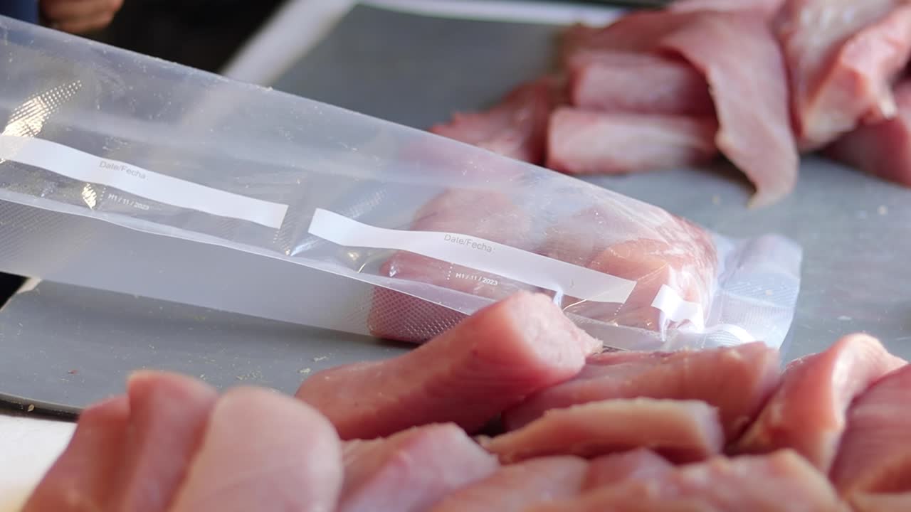 Close up of hands packing fresh fish on Cedros Island, efficient handling and attention to detail as they load filets into vacuum sealed bags after drying pieces