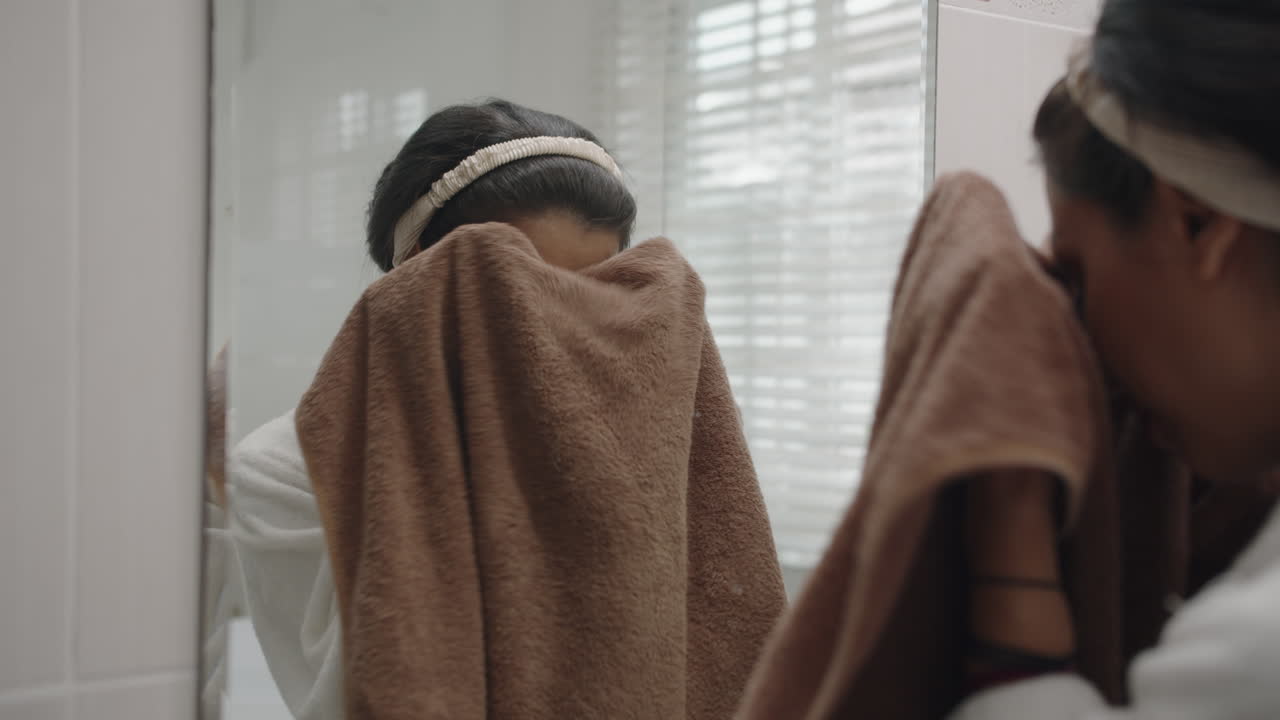 Cheerful Woman Wiping Face with Towel after Cleansing