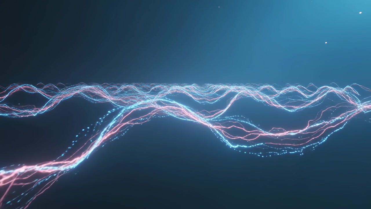 Starting cyan-pink braided cluster rising in virtual studio, forming wave bands and particle trails