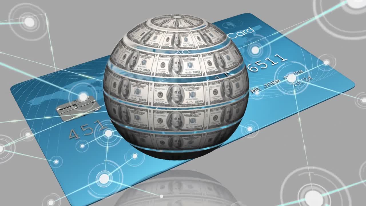 연결 네트워크의 애니메이션, 달러와 은행 카드로 만든 지구