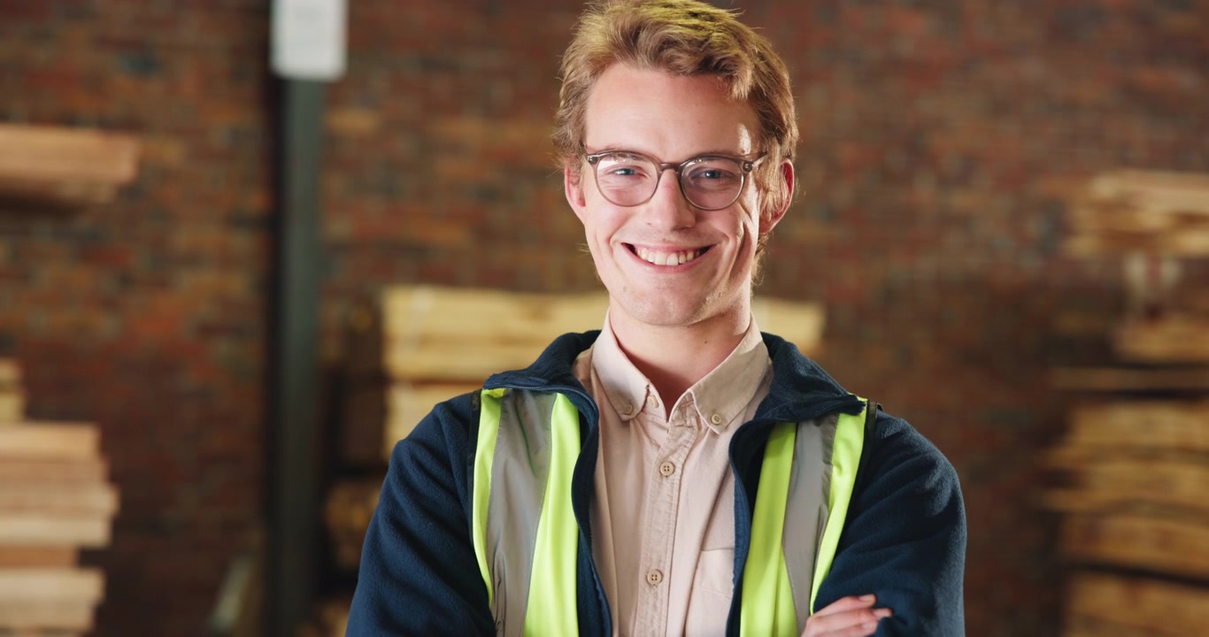 Young Man Wearing Safety Vest Smiling in Warehouse