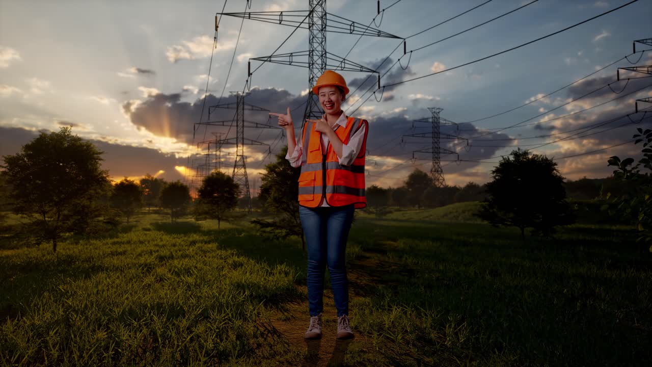 Smiling Female Engineer in Safety Vest Pointing at Power Lines at Sunset