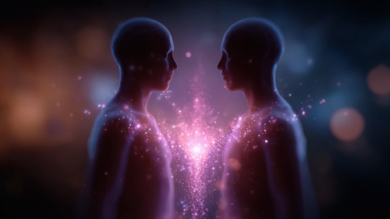 Due figure eteree si ergono una di fronte all'altra, con una scintilla di energia radiosa che le connette al centro, a simboleggiare unità, connessione e trascendenza della materia