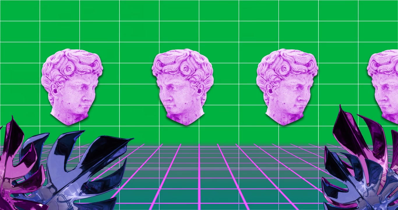 Animazione di sculture antiche al neon, foglie e una griglia al neon con effetto glitch su sfondo trasparente.