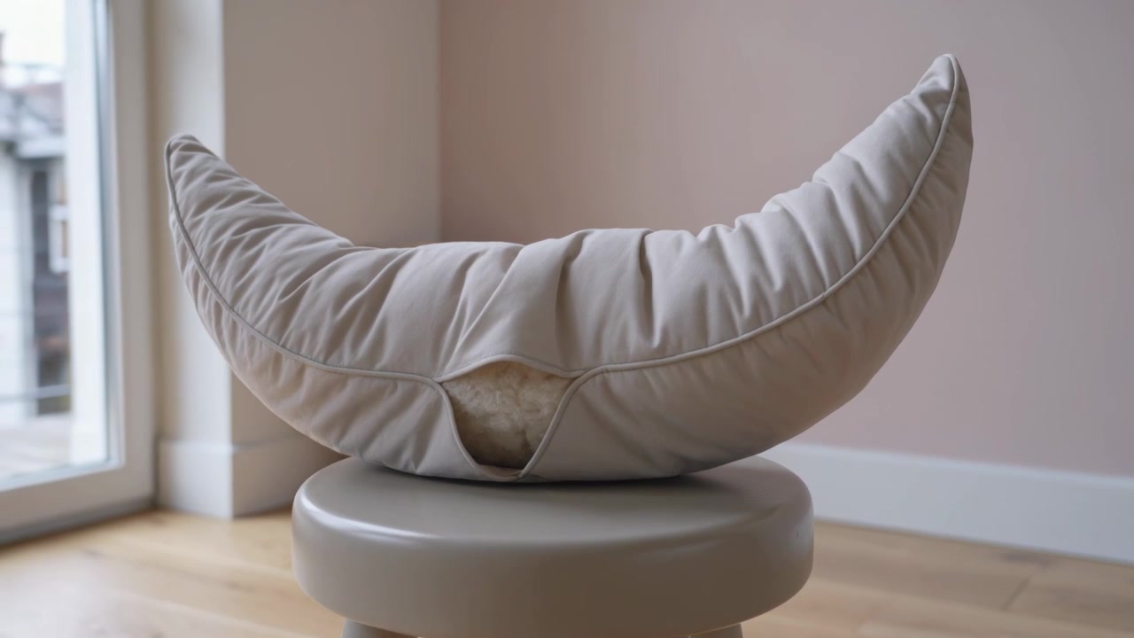 Panning camera revealing crescent pillow on round stool in nursery corner, exposing seam and teddy
