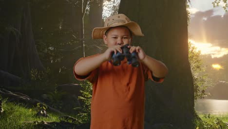 niño asiático con un sombrero que muestra un gesto de acuerdo después de mirar a través de los binoculares. niño investigador examina algo mientras explora la naturaleza del bosque, concepto de aventura de turismo de viaje